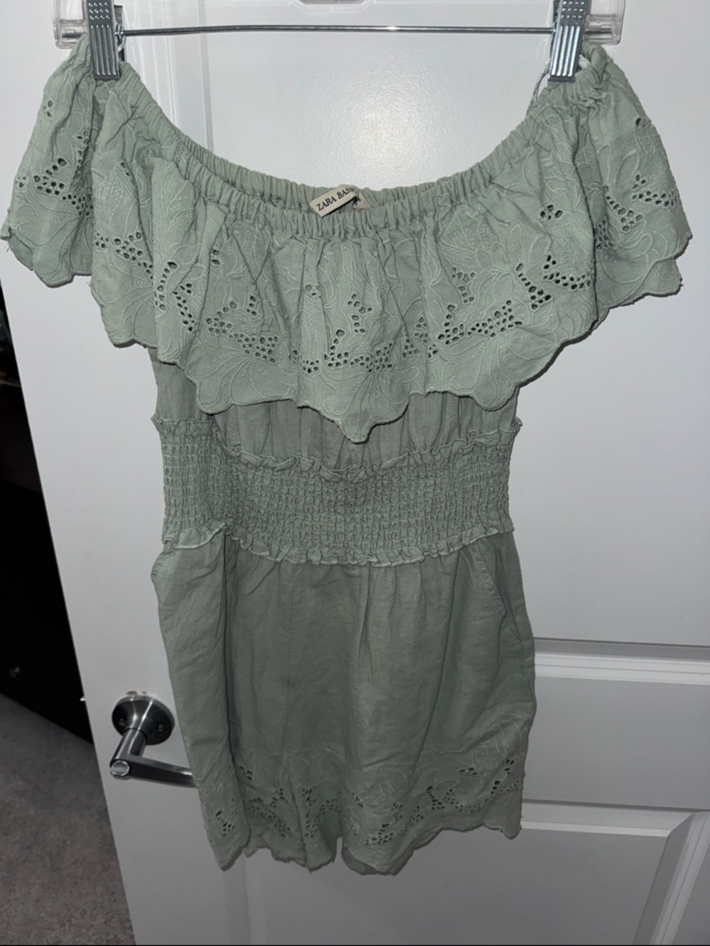 Zara Sage Green One-Shoulder Eyelet Romper